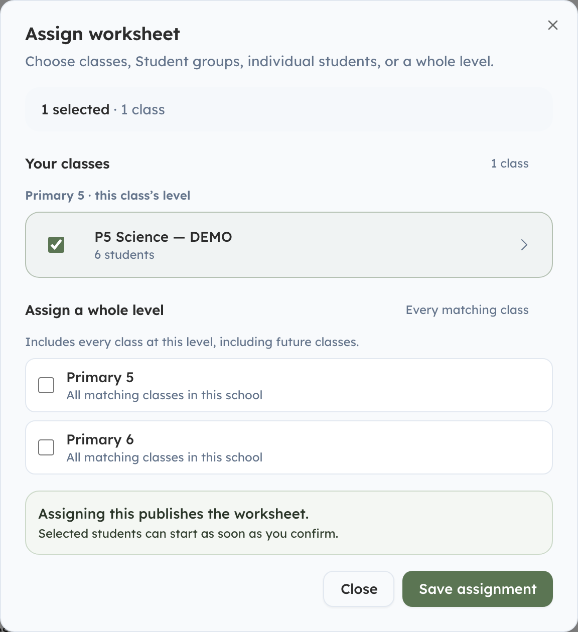 Worksheet assignment picker with classes, Student groups, students, and levels